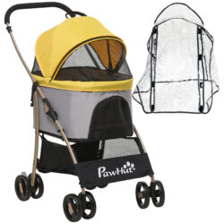 PawHut 3 In 1 Detachable Pet Stroller with Rain Cover, Foldable Cat Dog Pushchair, Universal Wheels, Brake, Canopy, Basket, Yellow Aosom UK