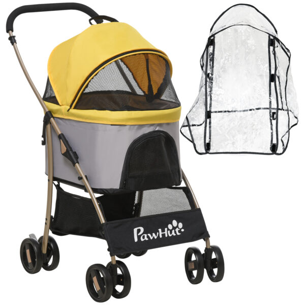 PawHut 3 In 1 Detachable Pet Stroller with Rain Cover, Foldable Cat Dog Pushchair, Universal Wheels, Brake, Canopy, Basket, Yellow Aosom UK