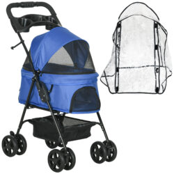 PawHut Dog Stroller with Rain Cover, One-Click Fold Pushchair with Brake, Basket, Adjustable Canopy, Safety Leash, Blue. Aosom UK