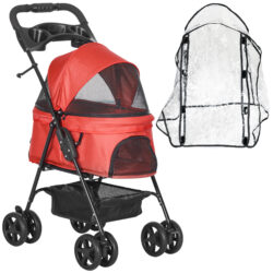 PawHut Pet Stroller, Weather Shield, One-Click Fold, EVA Tyres, Brake, Storage, Adjustable Hood, Safety Tether, Red Aosom UK