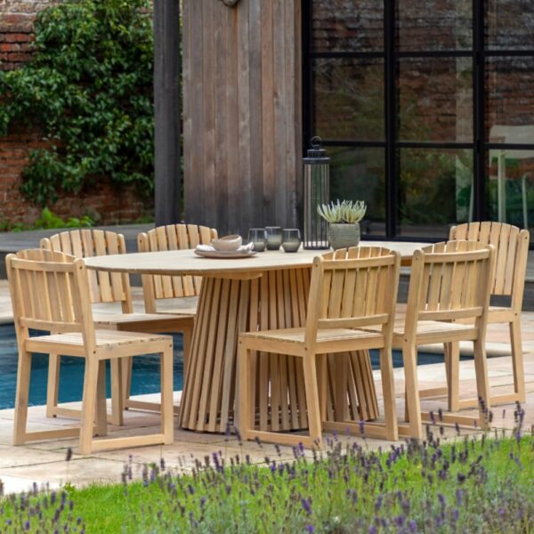 Rifle Outdoor Wooden Oval Dining Table With 6 Chairs In Natural