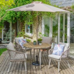 Seras Wooden Garden 4 Seater Dining Set With Parasol In Oak