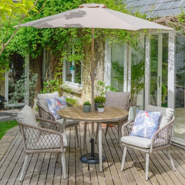 Seras Wooden Garden 4 Seater Dining Set With Parasol In Oak