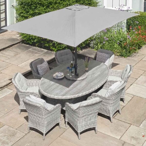 Sewanee Rattan Garden Dining Set With Parasol In Stone
