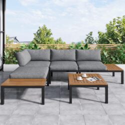 Space-Saving L-Shaped Corner Sofa with Wooden Table, Iron Frame, Modern Outdoor Garden Lounge Set for 4 People, 145L x 60W x 80H cm, Grey Aosom.UK
