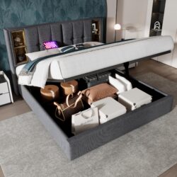 Upholstered Double Bed with Wireless Charging, Hydraulic Storage, Linen Fabric Bed Frame with Compartments, 206L x 155W x 100.5H cm, Grey Aosom.UK