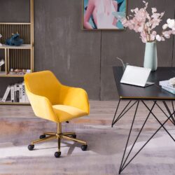 Velvet Adjustable Height Swivel Executive Office Chair with Gold Legs, Ergonomic Backrest, Sewing Chair with Side Arms, 58x58x86 cm, Yellow Aosom UK
