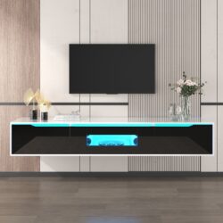 Black TV Unit with High Gloss and Color Changing LED Lights, TV Sideboard with 3 Storage Space, for Bedroom, 180L x 35W x 30H cm, Black Aosom.UK