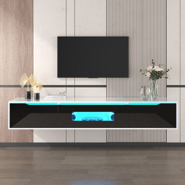 Black TV Unit with High Gloss and Color Changing LED Lights, TV Sideboard with 3 Storage Space, for Bedroom, 180L x 35W x 30H cm, Black Aosom.UK