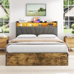 Double Bed Frame with RGB LED Headboard, Charging Station, Hydraulic Storage Bed with Linen Fabric, 205L x 136W x 109H cm, Black+Walnut Aosom.UK