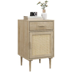 HOMCOM Bedside Table, Rattan Side Tables w/ Drawer, Cabinet & Adjustable Shelf, Boho Bedside Cabinet w/ Storage for Bedroom, Living Room, Aosom UK