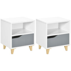 HOMCOM Bedside Table Set of 2, Modern Design, with Shelf and Drawer, Wood Legs, White and Grey