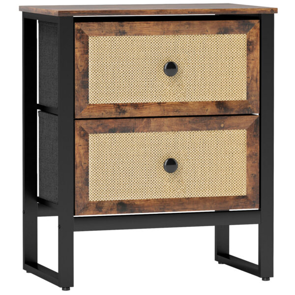 HOMCOM Bedside Table, Side Table with 2 Rattan Drawers, Bedside Cabinet with Storage and Steel Legs for Bedroom, Living Room, Rustic Brown Aosom UK