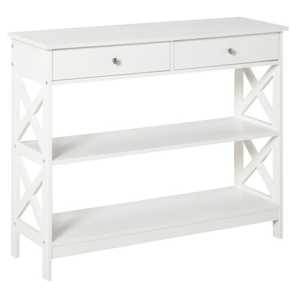 HOMCOM Console Table Side Desk w/ Shelves Drawers Open Top X Support Frame Living Room Hallway Home Office Furniture White Aosom UK