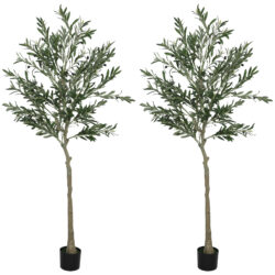 HOMCOM Set of 2 6ft/ 180cm Decorative Artificial Plant, Silk Olive Tree with 900 Leaves and 40 Olive Fruits in Pot, Fake Plant for Home, Office, Living Room, Indoor Decor