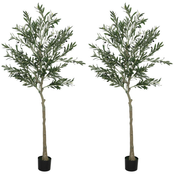 HOMCOM Set of 2 6ft/ 180cm Decorative Artificial Plant, Silk Olive Tree with 900 Leaves and 40 Olive Fruits in Pot, Fake Plant for Home, Office, Living Room, Indoor Decor
