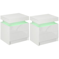 HOMCOM White Bedside Table with LED Light, High Gloss Front Nightstand with 2 Drawers, for Living Room, Bedroom