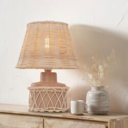 Lightsin Natural Rattan Table Lamp with Pink Wood Base for Bedroom and Living Room