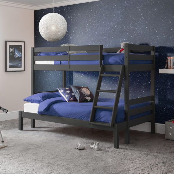 Merlin - Single/Small Double - Triple Sleeper Bunk Bed With Single Top and Small Double Bottom - Anthracite - Wooden - 3ft/4ft - Happy Beds