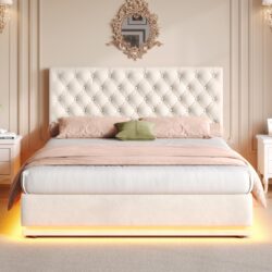 Ottoman Double Bed with Adjustable Headboard, LED Lighting, Upholstered Bed Frame with Hydraulic Storage, 195L x 142W x 102-112H cm, Beige Aosom.UK