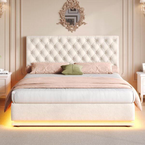 Ottoman Double Bed with Adjustable Headboard, LED Lighting, Upholstered Bed Frame with Hydraulic Storage, 195L x 142W x 102-112H cm, Beige Aosom.UK
