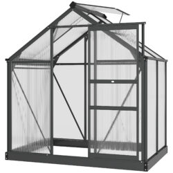 Outsunny Polycarbonate Greenhouse Large Walk-In Green House Garden Plants Grow Galvanized Base Aluminium Frame w/ Slide Door, 6 x 4ft, Grey Aosom UK