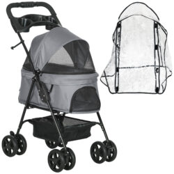 PawHut Dog Stroller with Rain Cover, One-Click Fold Trolley Jogger, Wheels, Basket, Adjustable Canopy, Safety Leash for Small Dogs, Grey Aosom UK