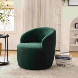 Teddy Fabric Swivel Armchair with Ergonomic Backrest and 360° Rotation, Comfy Round Sofa Chairs for Reading Room, 64x64x71 cm, Dark Green Aosom.UK