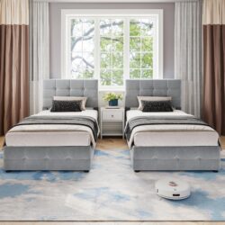 Upholstered Double Bed with Iron Frame, Wood Slats, Under-Bed Storage, Bed Base with Hydraulic Lift Mechanism, 197L x 181W x 105H cm, Grey Aosom.UK