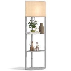 HOMCOM Corner Floor Lamp with Shelves, Tall Standing Lamps for Living Room, with Pull Chain Switch Bulb not Included, Grey Aosom UK