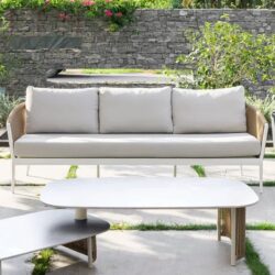 Marina Rattan Garden 3 Seater Sofa In White And Ivory