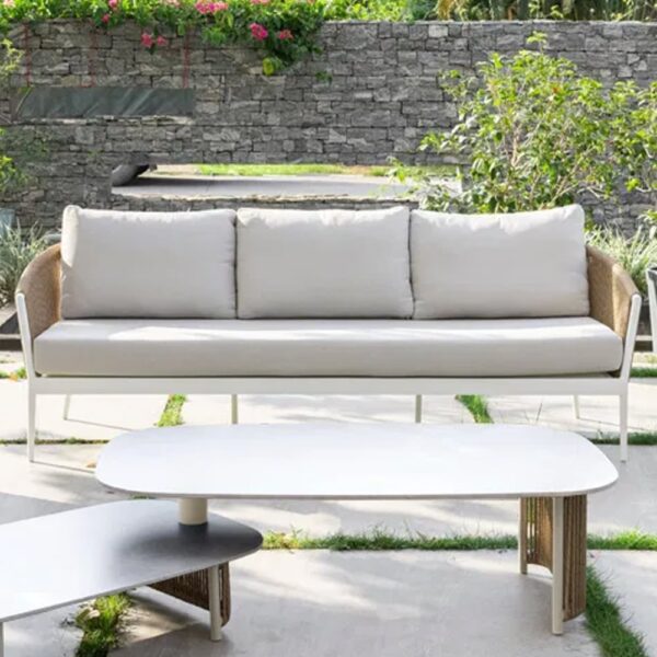 Marina Rattan Garden 3 Seater Sofa In White And Ivory
