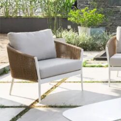 Marina Rattan Garden Lounge Armchair In Ivory And White