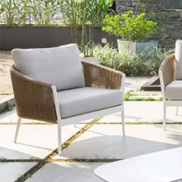 Marina Rattan Garden Lounge Armchair In Ivory And White