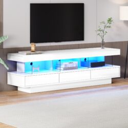 Modern High Gloss TV Units with Storage Drawers, Remote Control LED Lights, TV Cabinet for Living Room, Bedroom, 160x38x50.5 cm, White Aosom.UK