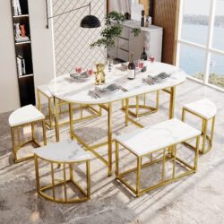 Modern Luxury 6 Seater Dining Table Set with Six Chairs, Soft Velvet Seat Cushions and Gold-Plated Iron Frames, 140x70x75 cm Gold Aosom UK