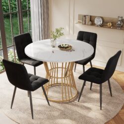 Modern Round Dining Table with MDF Marble Pattern Top, Sturdy Metal Frame, Perfect for Dining, Working, 100L x 100W x 75H cm, Gold+White Aosom.UK