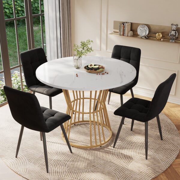 Modern Round Dining Table with MDF Marble Pattern Top, Sturdy Metal Frame, Perfect for Dining, Working, 100L x 100W x 75H cm, Gold+White Aosom.UK