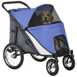 PawHut Foldable Pet Stroller, with Washable Cushion, Storage Bags, Safety Leash, for Medium, Large Dogs, Catts, Travel - Blue Aosom UK