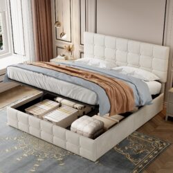 Upholstered Double Bed with Hydraulic Storage, Adjustable Button Tufted Headboard, Velvet Ottoman Bed Frame, 195L x 145W x 116H cm, Beige Aosom.UK