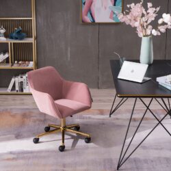 Velvet Adjustable Height Swivel Executive Office Chair with Gold Legs, Ergonomic Backrest, Sewing Chair with Side Arms, 58x58x86 cm, Pink Aosom UK