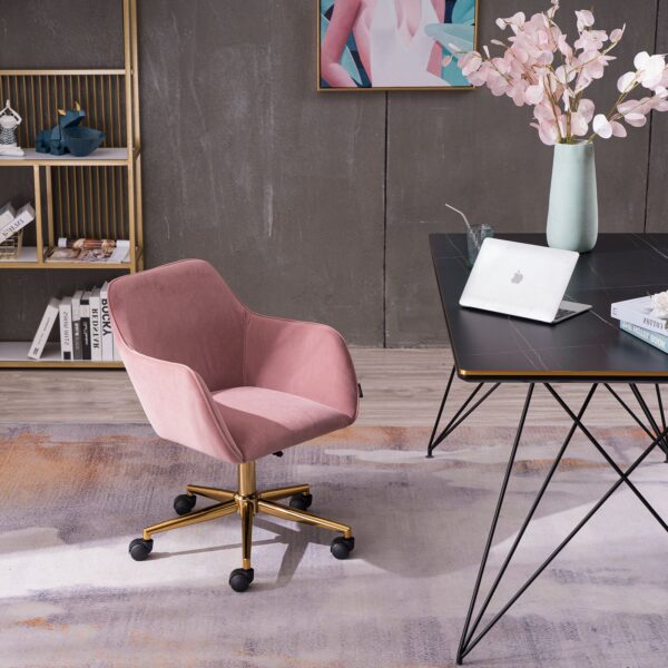 Velvet Adjustable Height Swivel Executive Office Chair with Gold Legs, Ergonomic Backrest, Sewing Chair with Side Arms, 58x58x86 cm, Pink Aosom UK