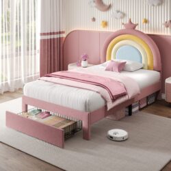 3FT Upholstered Bed with Adjustable Rainbow Headboard, Velvet Frame, Single Bed Frame with Underbed Storage, 194L x 94W x 128H cm, Pink Aosom UK