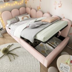 3FT Upholstered Daybed with Hydraulic Storage, Metal Slatted Frame, Velvet Single Ottoman Bed for Children, 200L x 97W x 76H cm, Pink Aosom UK