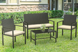 4 Pieces Garden Furniture Rattan Patio Set with 2 Armchairs, 1 Double Seat Sofa and 1 Table Black