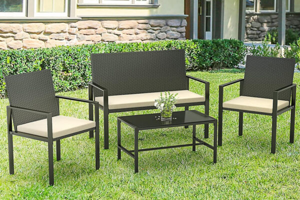 4 Pieces Garden Furniture Rattan Patio Set with 2 Armchairs, 1 Double Seat Sofa and 1 Table Black