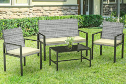 4 Pieces Garden Furniture Rattan Patio Set with 2 Armchairs, 1 Double Seat Sofa and 1 Table Grey