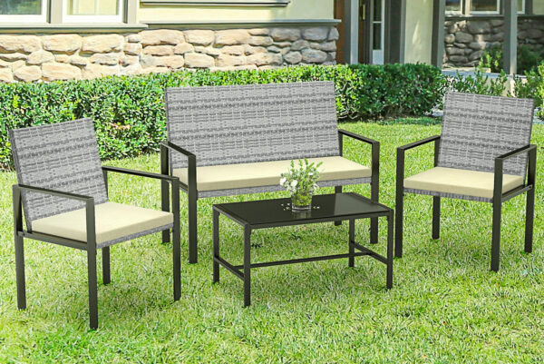 4 Pieces Garden Furniture Rattan Patio Set with 2 Armchairs, 1 Double Seat Sofa and 1 Table Grey