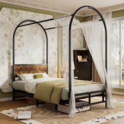 Canopy Bed Frame with Durable Iron and MDF Construction, Wooden Headboard, Easy Installation, Versatile for Various Bedroom Styles, Black Aosom UK