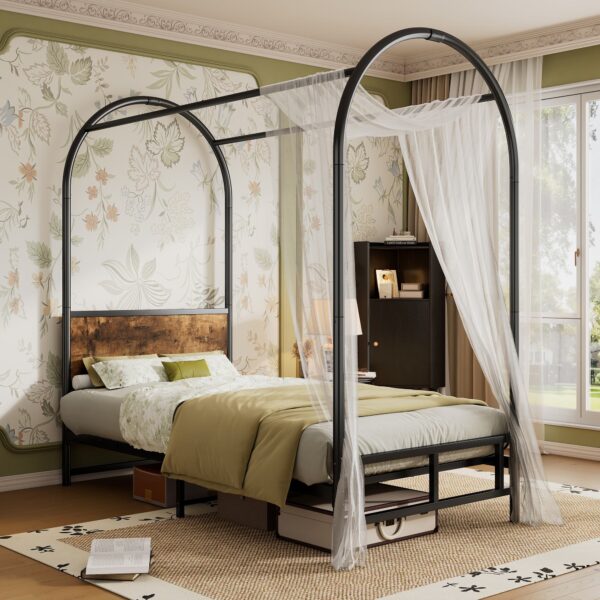 Canopy Bed Frame with Durable Iron and MDF Construction, Wooden Headboard, Easy Installation, Versatile for Various Bedroom Styles, Black Aosom UK